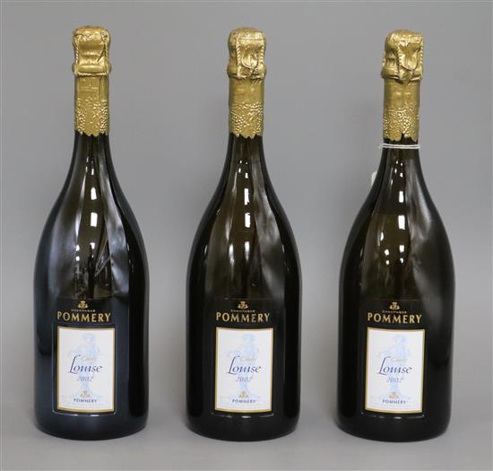 Three bottles of Pommery Cuvee Louise, 2002, 75cl.